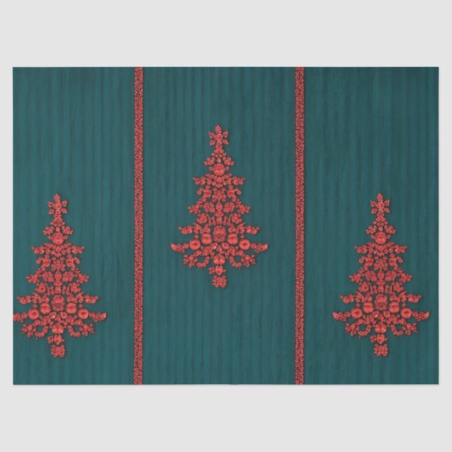 Papier Mousseline Sapins de Noël en cristal sarcelle et rouge (Recto)