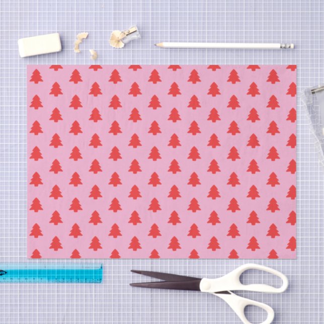 Papier Mousseline Sapins de Noël rouges simples sur fond rose (Artisanat)