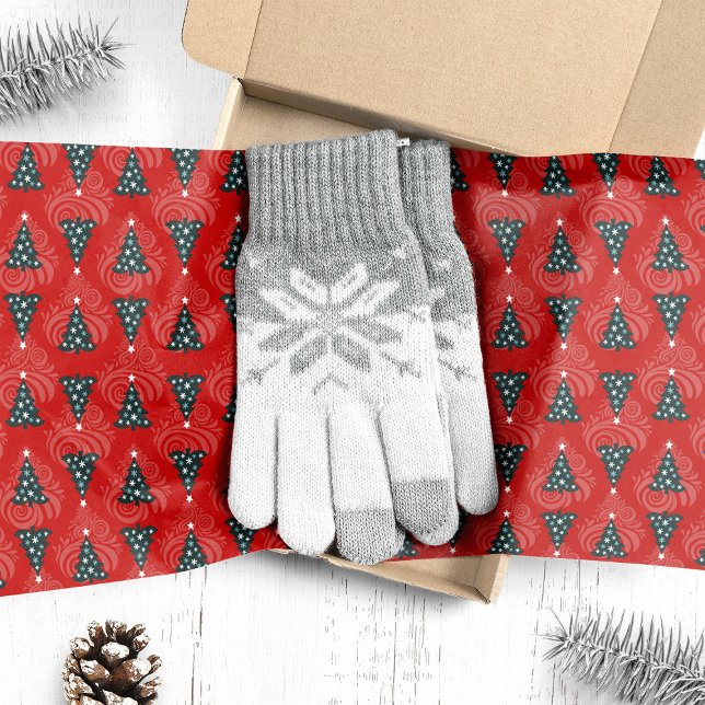 Papier Mousseline Sapins de Noël verts sur tourbillon rouge (Créateur téléchargé)