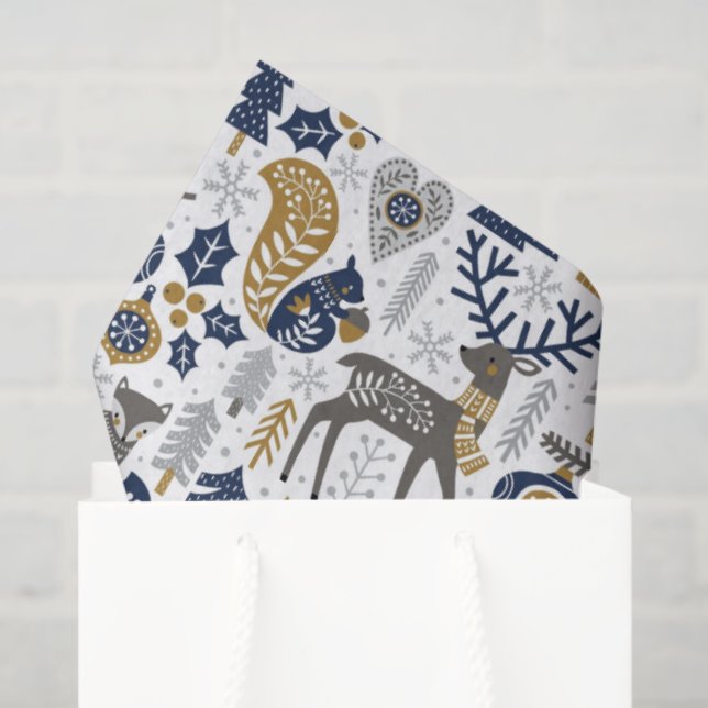 Papier Mousseline Scandinavian Woodland Animals Snowflakes Christmas (Sac cadeau)