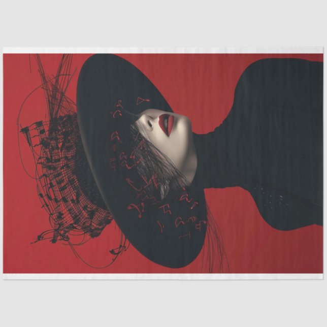 Papier Mousseline Scarlet Lady in Black Music Notes Découpage (Recto)