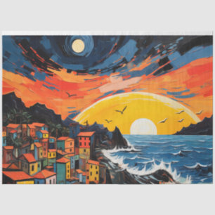 Papier Mousseline Scène coucher de soleil Vieille ville, Montagnes,