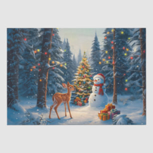 Papier Mousseline Scene d'arbre de Noël Cute Deer Fawn Snowman
