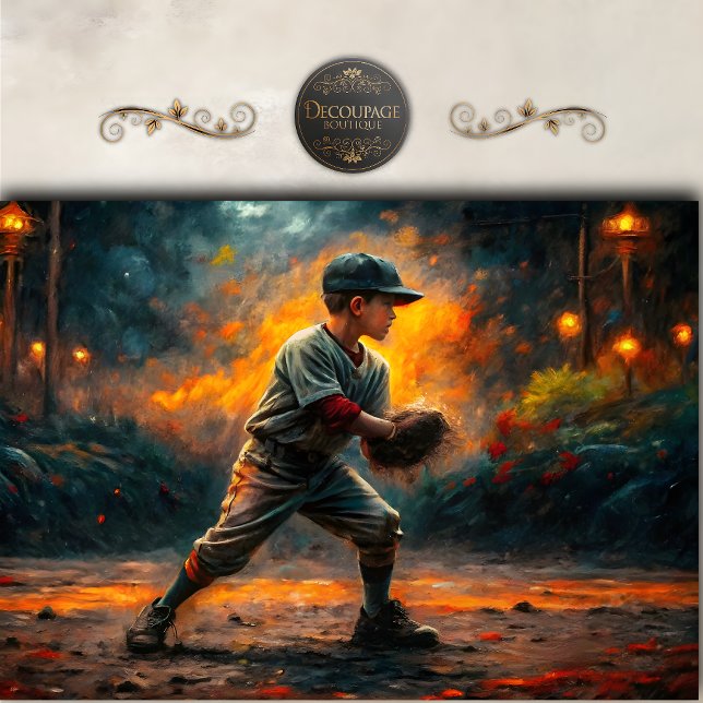 Papier Mousseline Scène de feu de garçon de baseball découpage (Baseball Boy Firelight Scene Decoupage Tissue Paper)