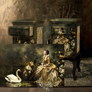 Papier Mousseline Scène de paysage floral à la dame baroque cygne or