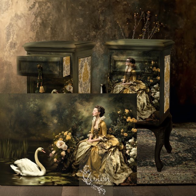Papier Mousseline Scène de paysage floral à la dame baroque cygne or (Baroque lady and swan landscape print displayed on dark ornate vintage cabinet moody room)
