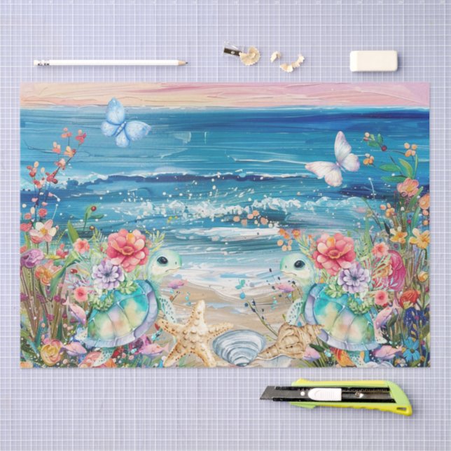 Papier Mousseline Scenic Coastal Floral Sea Turtles Decoupage  (Artisanat)