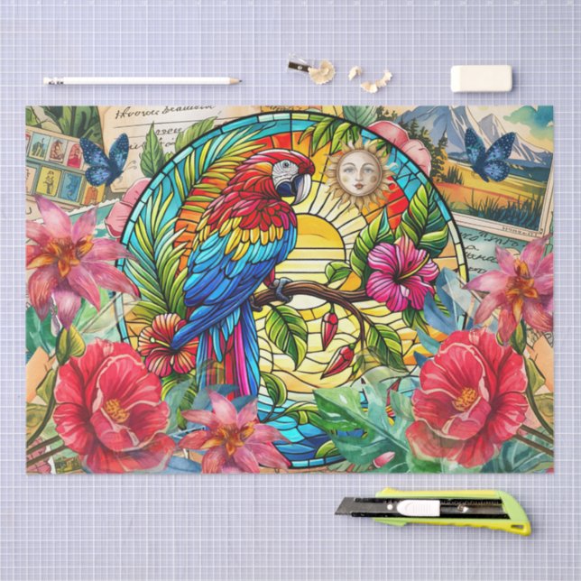 Papier Mousseline Scenic Tropical Stained Glass Red Macaw Decoupage (Artisanat)