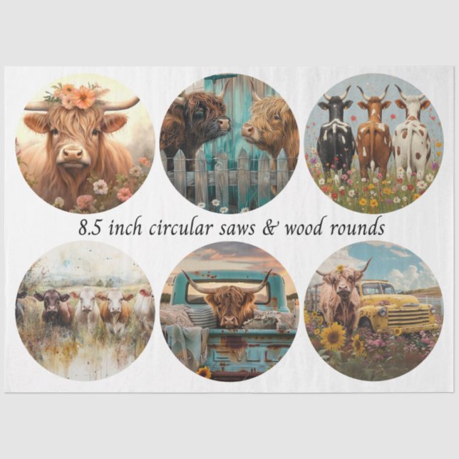 Papier Mousseline Scie Circulaire Découpe Vaches Highland 8,5" Ronds (Recto)