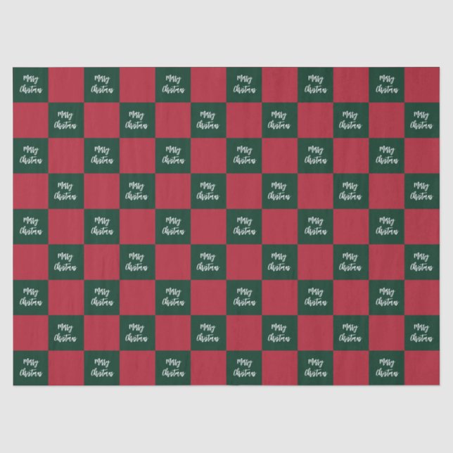 Papier Mousseline Script Joyeux Noël Vert et Rouge Damier (Recto)