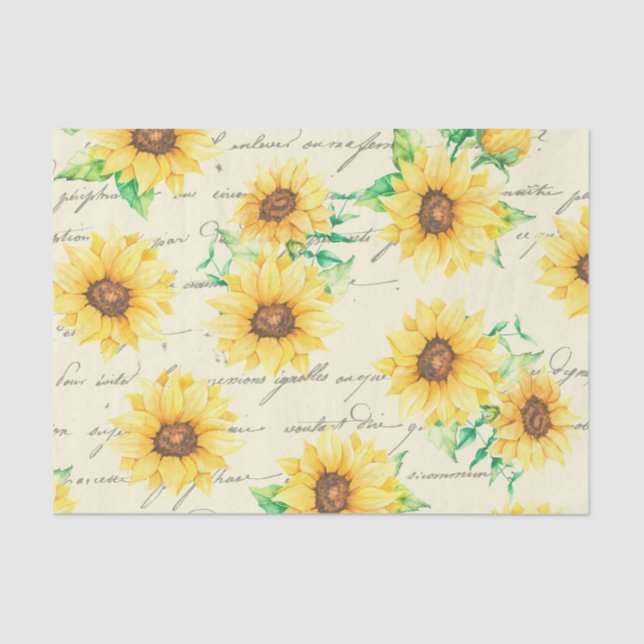 Papier Mousseline Script Sunflower Vintage Floral Decoupage (Recto)