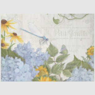 Papier Mousseline Script vintage Tournesol Bleu Flore Dragonfly Tis