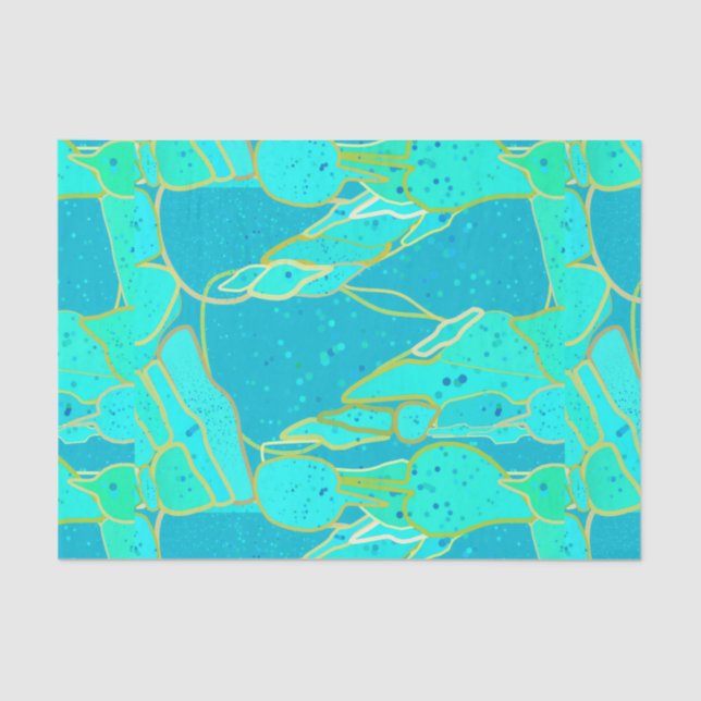 Papier Mousseline Sea Grotto Abstrait, Turquoise, Aqua et Or (Recto)