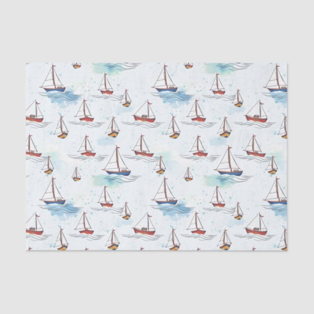 Papier Mousseline Serene Blue Red Voiliers Motif sur mer (Recto)