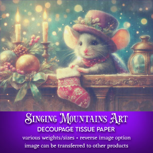 Papier Mousseline Shabby Chic Christmas Mouse et Stocker Decoupage