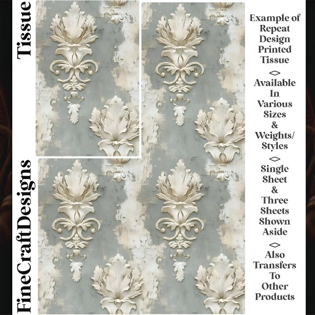 Papier Mousseline Shabby Chic Cream & Grey Damask CV7 Découpage (Créateur téléchargé)