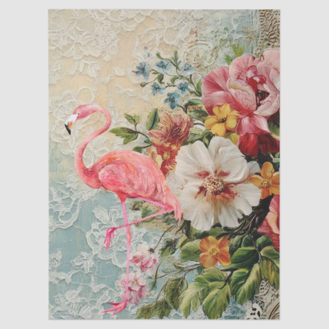 Papier Mousseline Shabby Chic Flamant rose Rose Floral Découpage (Recto)