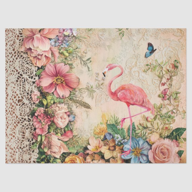 Papier Mousseline Shabby Chic Flamant rose Rose Floral Découpage (Recto)