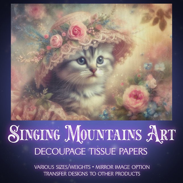 Papier Mousseline Shabby Chic Flower Garden Kitten Decoupage  (Créateur téléchargé)