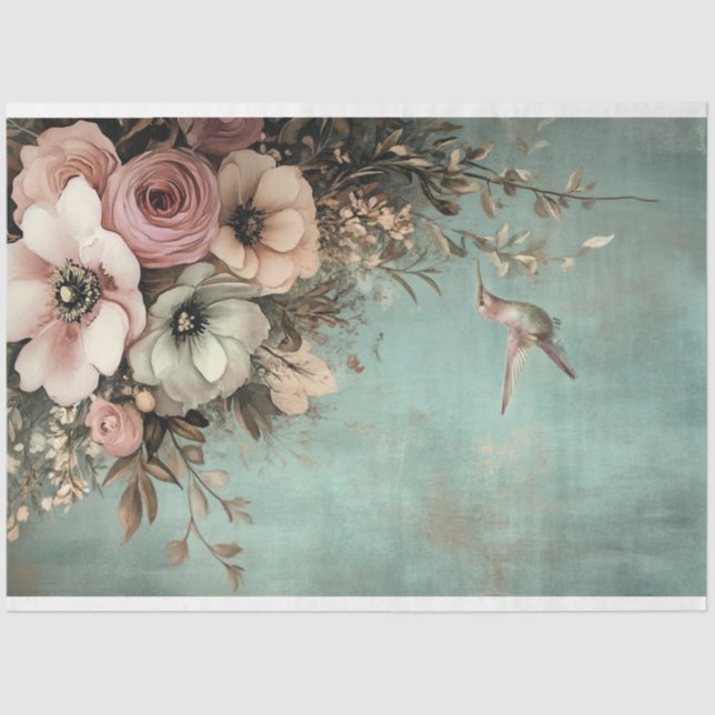 Papier Mousseline Shabby Chic Hummingbird & Bouquet Floral (Recto)