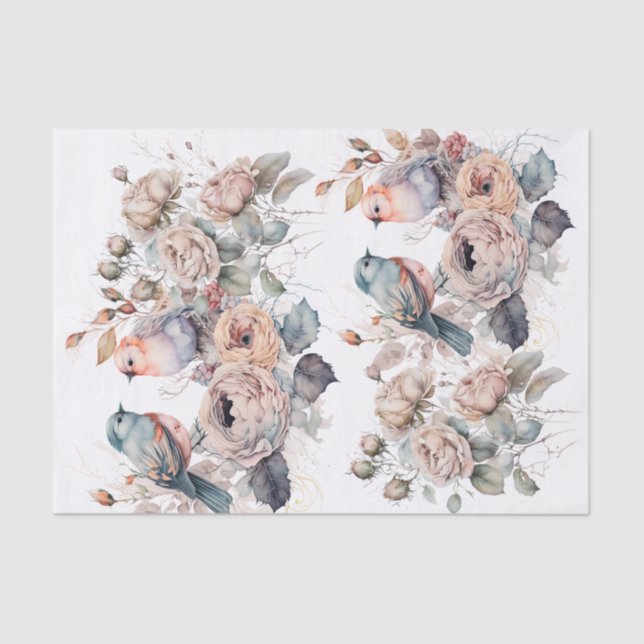 Papier Mousseline Shabby chic oiseau et rose (Recto)