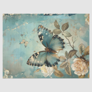 Papier Mousseline Shabby chic papillon bleu & blush rose