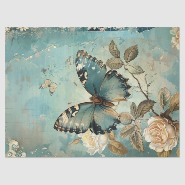 Papier Mousseline Shabby chic papillon bleu & blush rose (Recto)