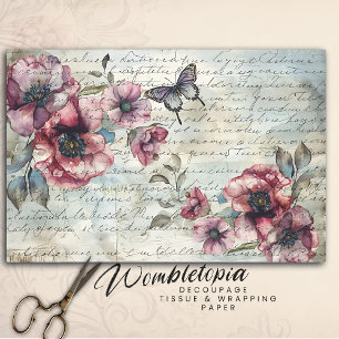 Papier Mousseline Shabby Chic Pink Poppies & Papillon Decoupage