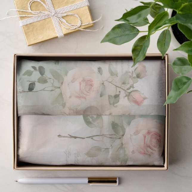 Papier Mousseline Shabby Chic Rose Script français (Cadeau)