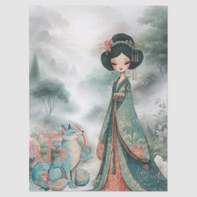 Papier Mousseline Shabby Chic Turquoise Floral Geisha (Recto)