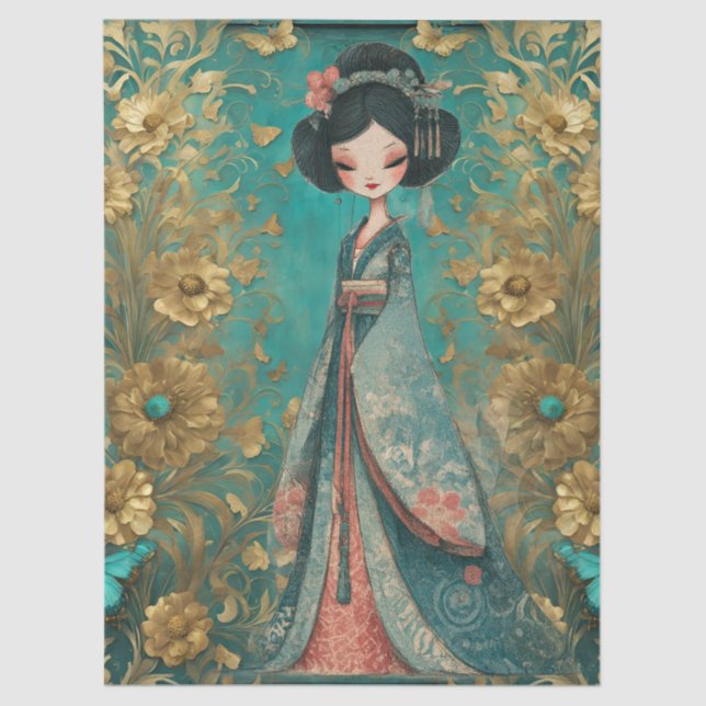 Papier Mousseline Shabby Chic Turquoise Floral Geisha (Recto)