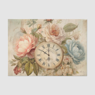 Papier Mousseline Shabby Chic Vintage Bleu Rose Floral Horloge