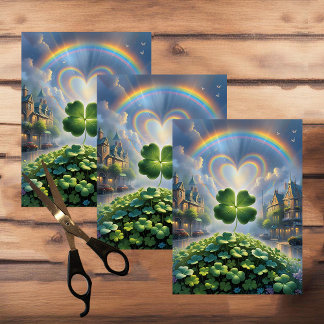 Papier Mousseline Shamrocks dans un village avec un arc-en-ciel dans