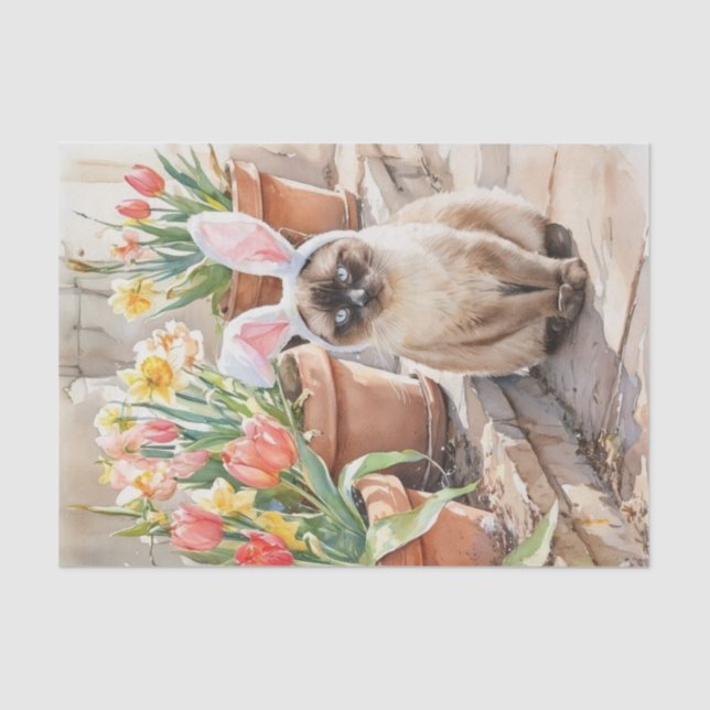 Papier Mousseline Siamese Bunny Cute Easter Cat with Tulips  (Recto)