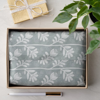 Papier Mousseline Silhouette florale blanche sur fond vert sauge mat