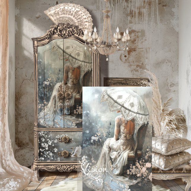 Papier Mousseline Silver Lining Imaginaire parisien Portrait & Paras (Silver Lining, Parisian Fantasy, Portrait Parasol, Silver Greys, White Floral Blossoms Decoupage)