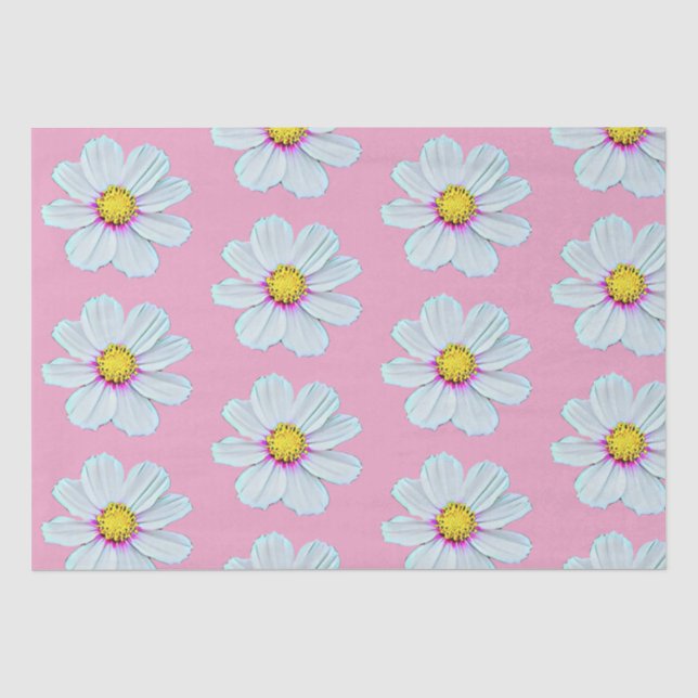 Papier Mousseline Simple Blanc & Rose Fleurs Peintes (Recto)