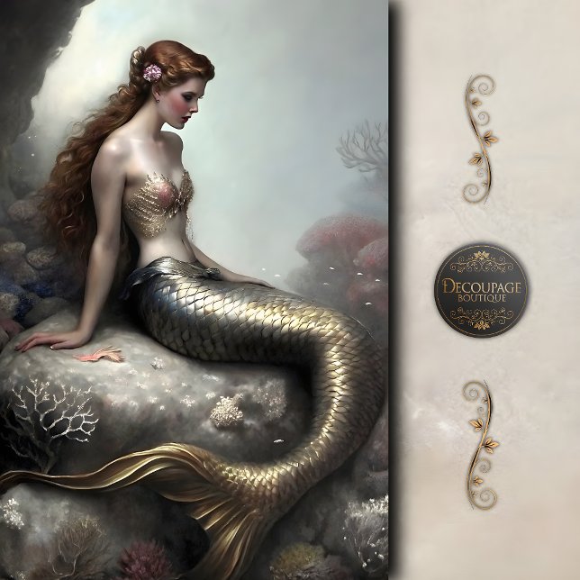 Papier Mousseline Sirène à Queue Dorée Fantaisie Découpage (Golden Tailed Mermaid Fantasy Decoupage Tissue Paper)