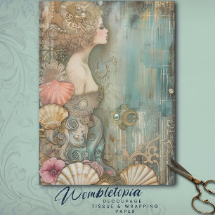 Papier Mousseline Sirène vintage avec Coquilles de mer, Or Turquoise