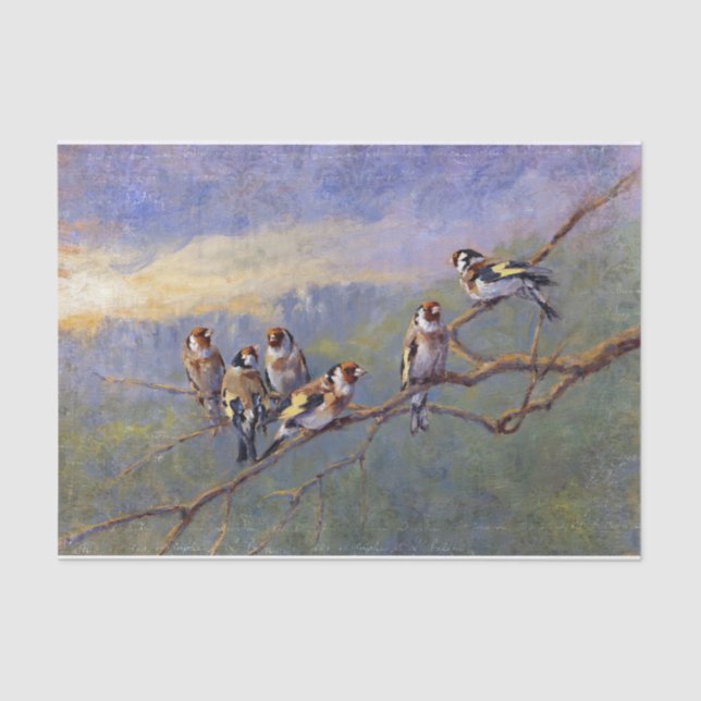 Papier Mousseline Six oiseaux perchés sur une peinture de branche (Recto)