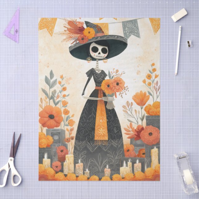 Papier Mousseline Skeleton Lady La Catrina Day of Dead Decoupage (Artisanat)
