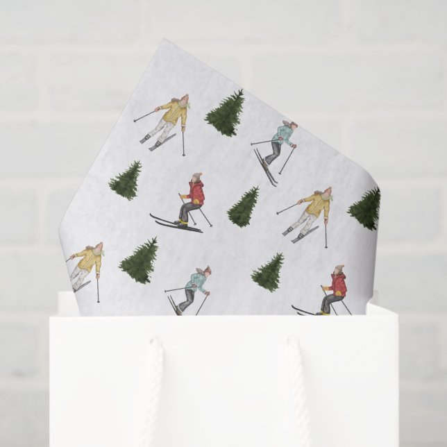 Papier Mousseline Skiing Women Colorful Watercolor Christmas Pattern (Sac cadeau)