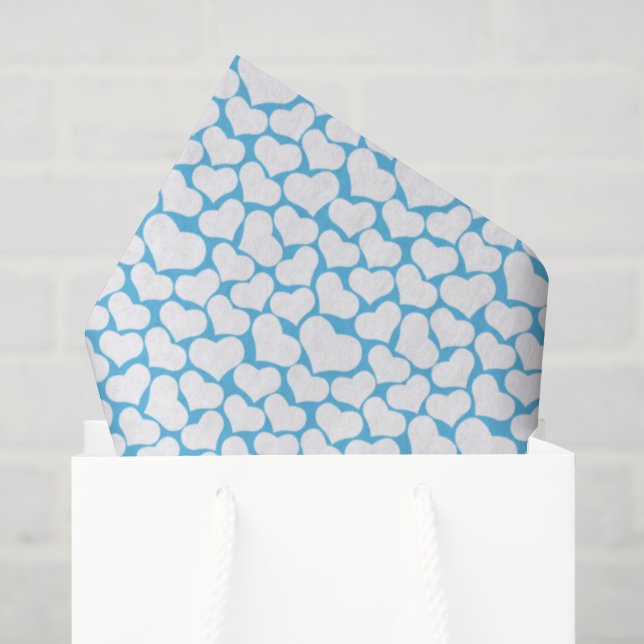 Papier Mousseline Sky Blue White Hearts Happy Design (Sac cadeau)