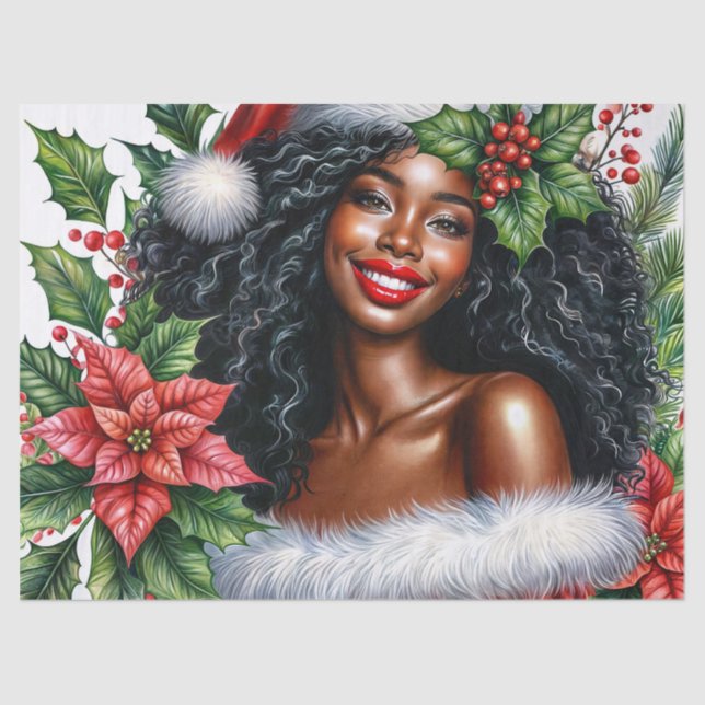 Papier Mousseline Smiling Black Woman In Santa Hat Christmas (Recto)