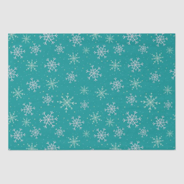 Papier Mousseline Snowflakes blanc et aqua peints à la main sur Turq (Recto)