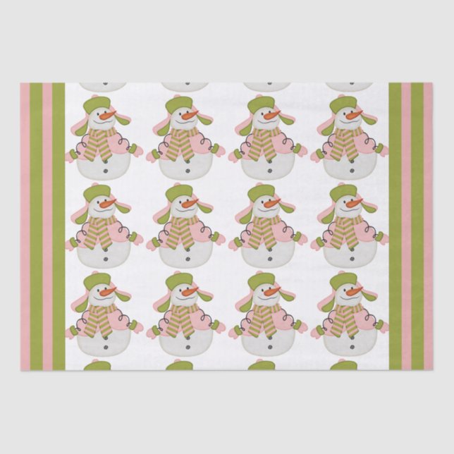 Papier Mousseline Snowman de Noël rose et vert (Recto)