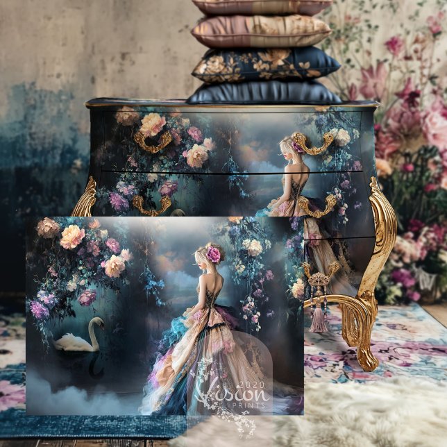 Papier Mousseline Soirée Balade Portrait & Swan Dark Floral Imaginai ("Evening Stroll" French Woman, Ethereal Floral & Swan, Misty Lake Landscape,  Decoupage Art Paper)