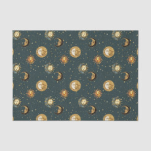 Papier Mousseline Soleil Lune Étoiles Bleu Minuit Céleste Doré