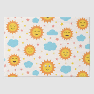 Papier Mousseline Soleil souriant mignon avec nuages et étoiles