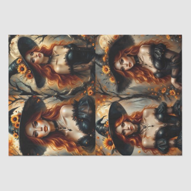 Papier Mousseline Sorcière de tournesol d'automne avec cheveux rouge (Recto)